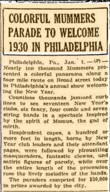 Clipping from the Chicago Tribune – 1930 Mummers Parade