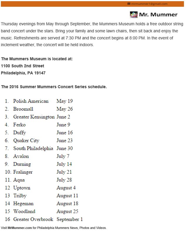 2016 Summer Mummers Concert Schedule